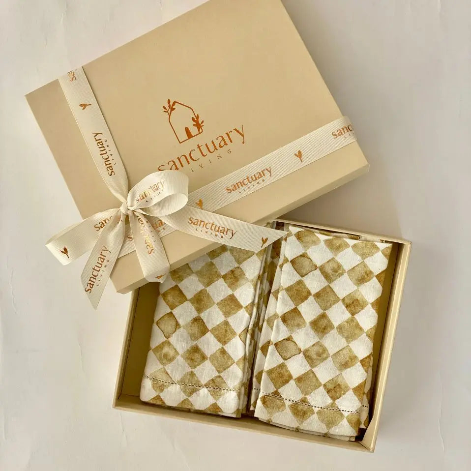 Linen Checker Ochre Napkins Gift Set SanctuaryLiving