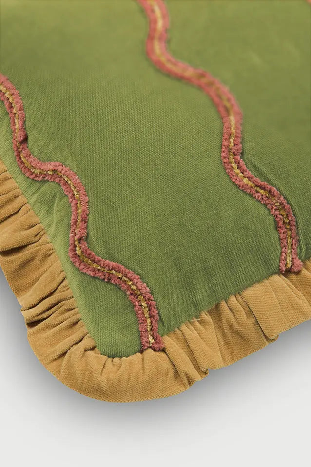 Aria Ruffle Forest Green Embroidered Lumbar Cushion Cover SanctuaryLiving