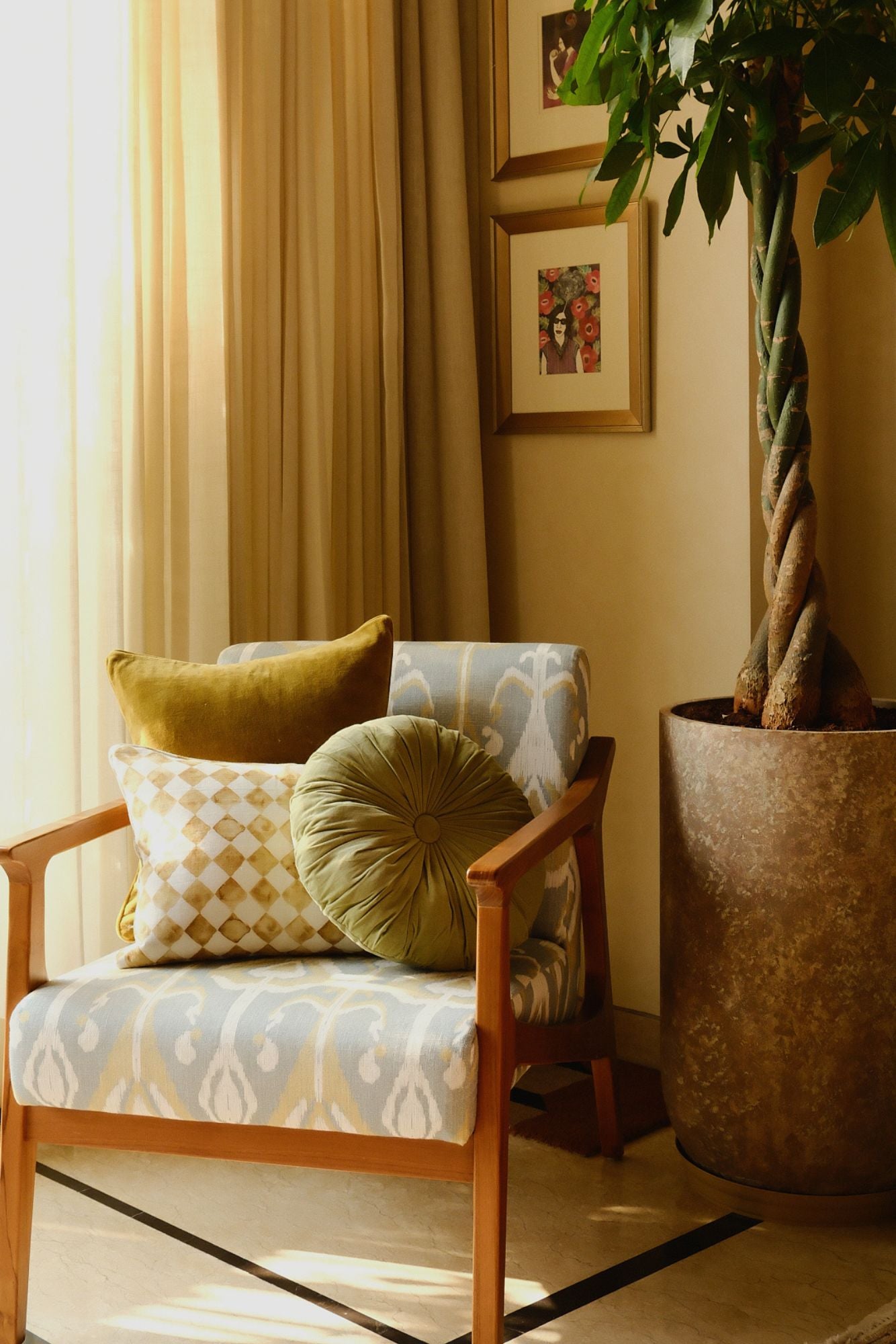 Checker Ochre Linen Oblong Cushion Cover