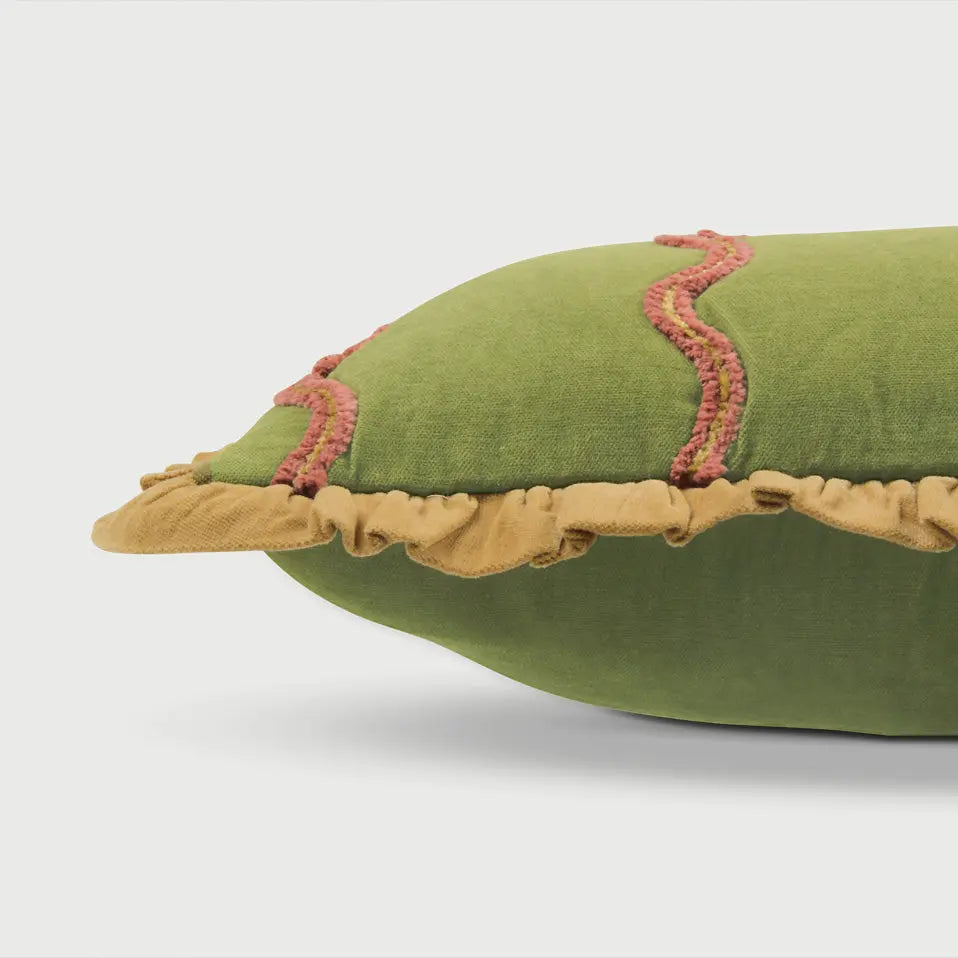 Aria Ruffle Forest Green Embroidered Lumbar Cushion Cover SanctuaryLiving