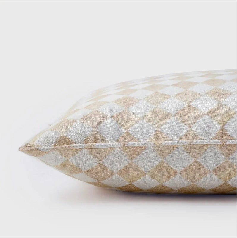 Checker Beige Linen Lumbar Cushion Cover