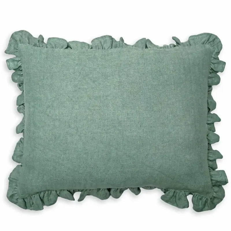 Linen Ruffle Teal Pillow Cover