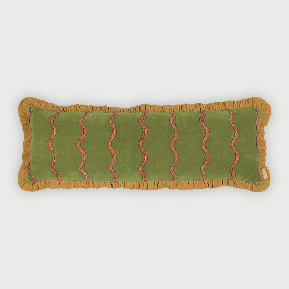 Aria Ruffle Forest Green Embroidered Lumbar Cushion Cover
