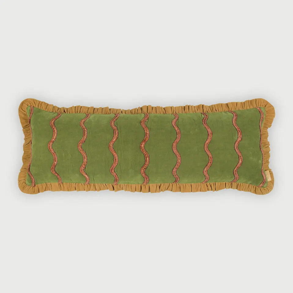 Aria Ruffle Forest Green Embroidered Lumbar Cushion Cover SanctuaryLiving
