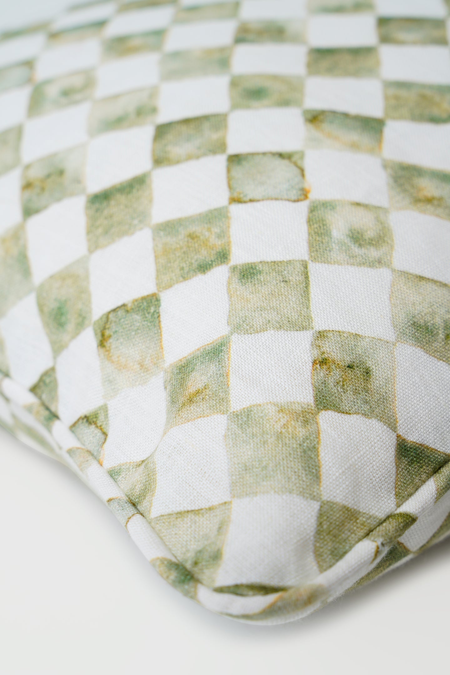Checker Green Linen Lumbar Cushion Cover