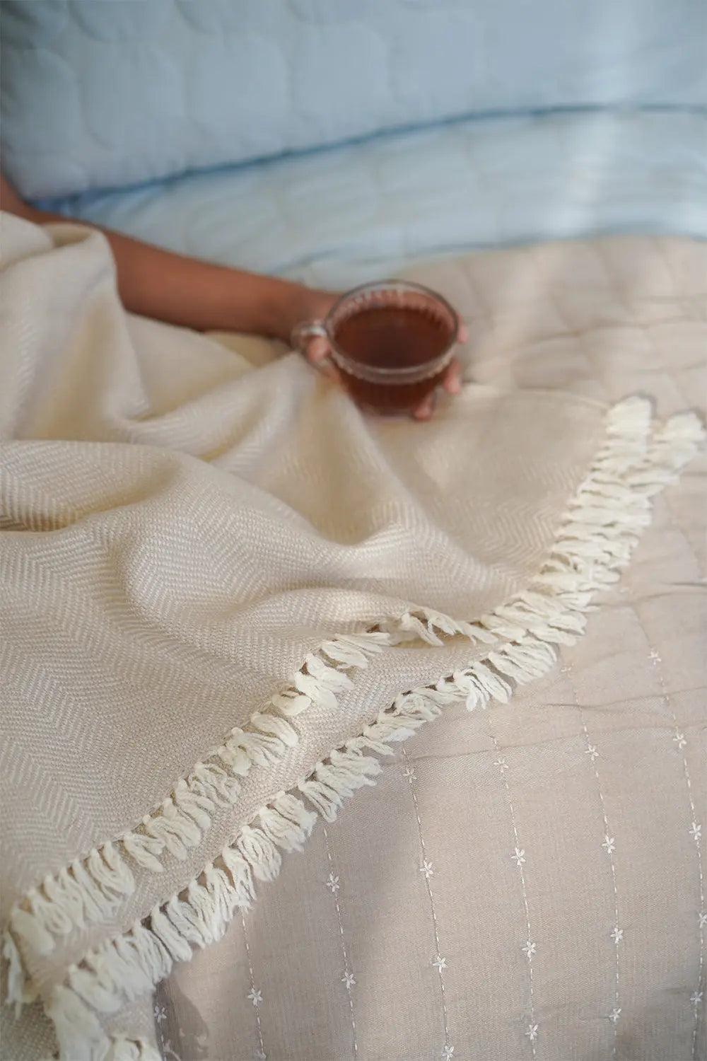 Herringbone Beige Marino Wool Throw SanctuaryLiving