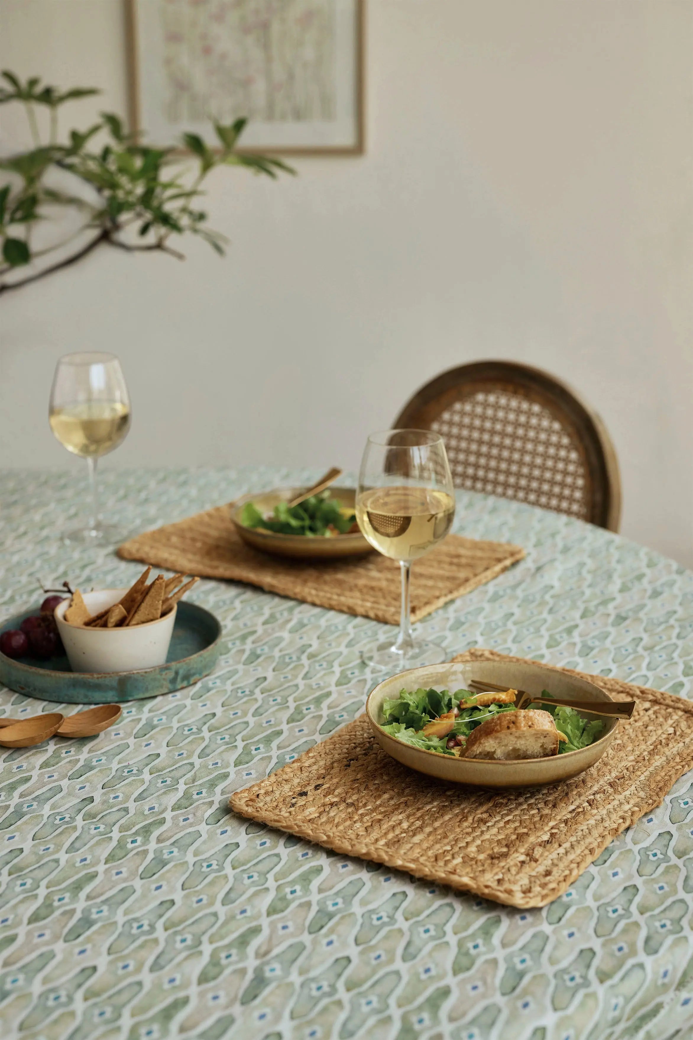 Mosaic Sage Linen Table Cover SanctuaryLiving