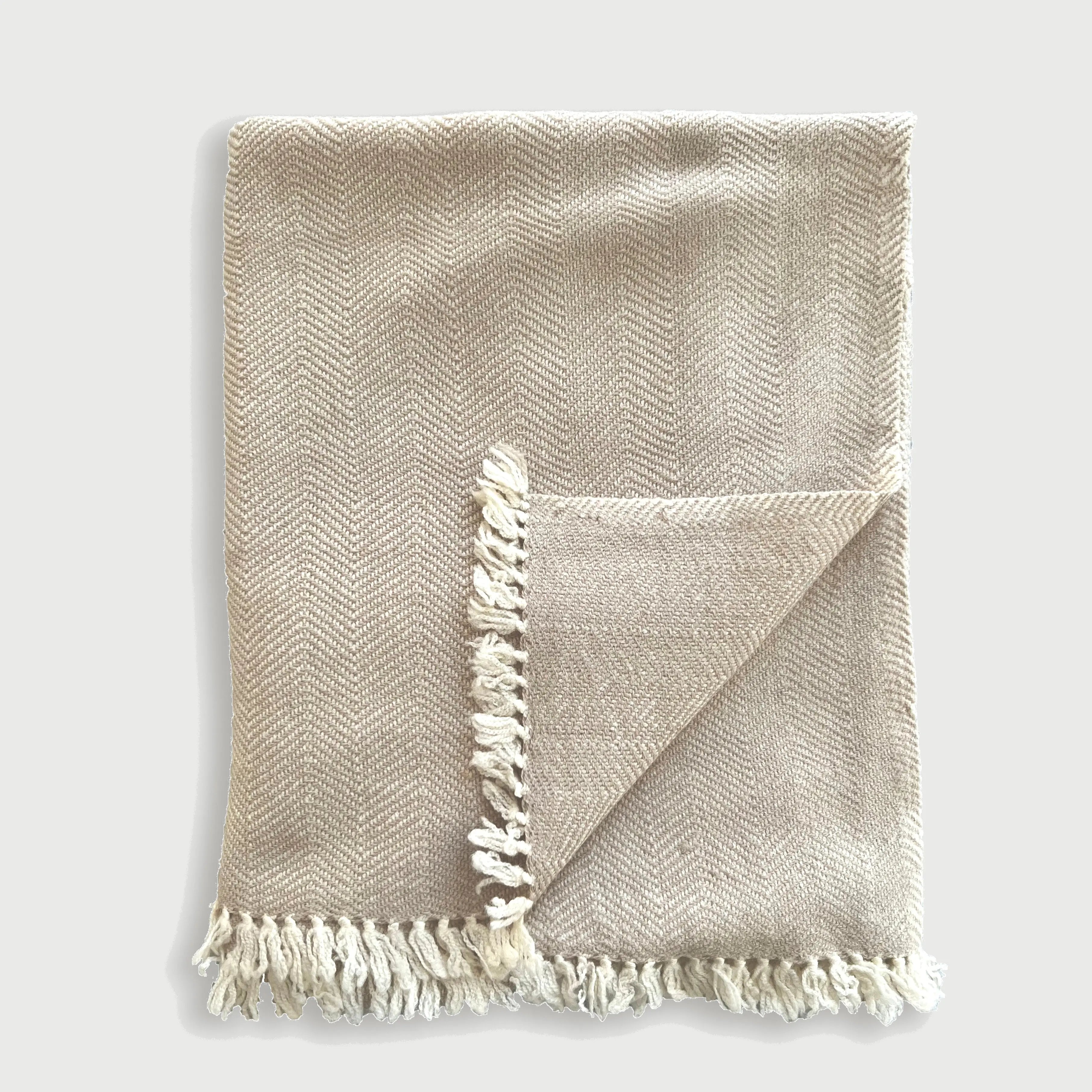 Herringbone Beige Marino Wool Throw SanctuaryLiving