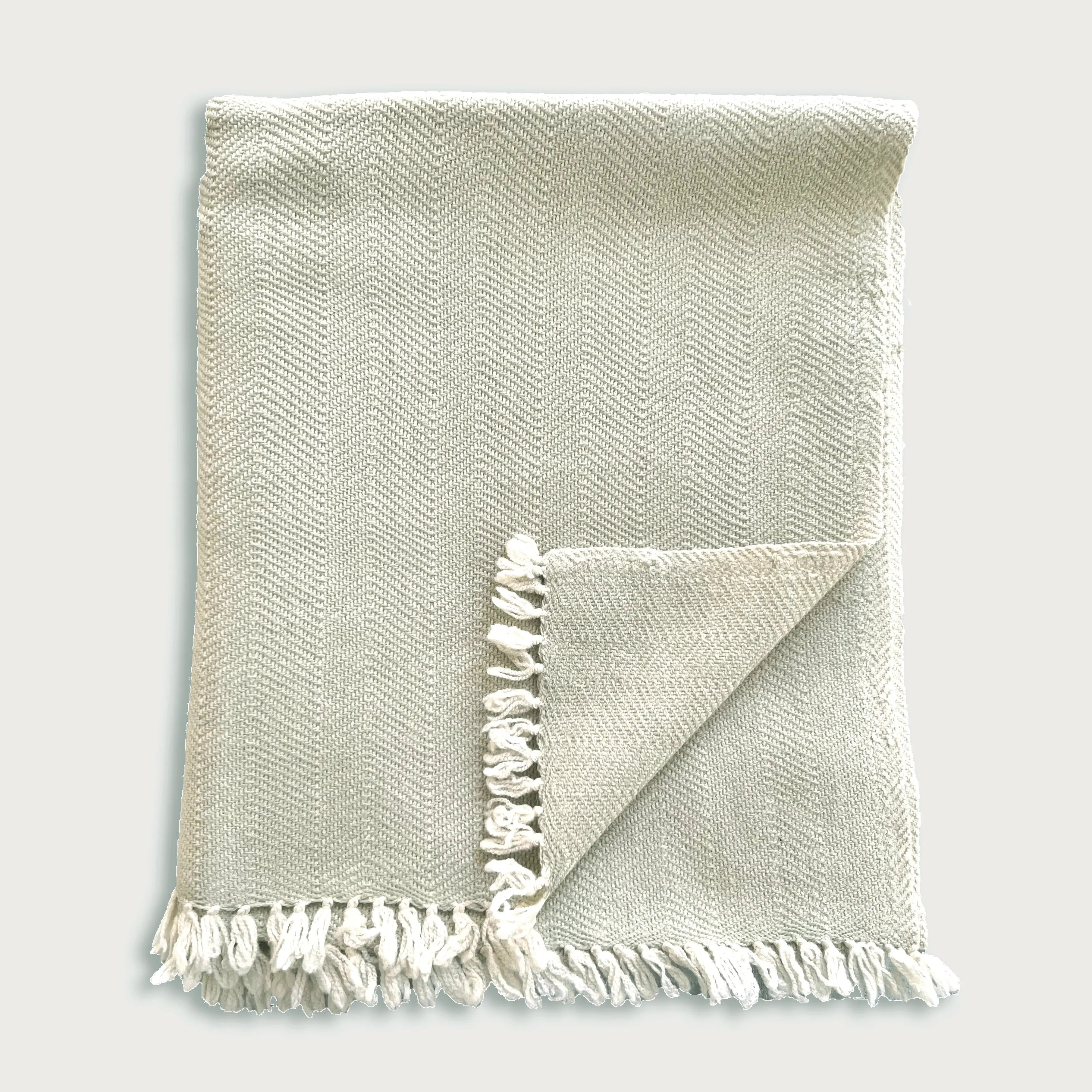 Herringbone Sea Foam Marino Wool Throw SanctuaryLiving