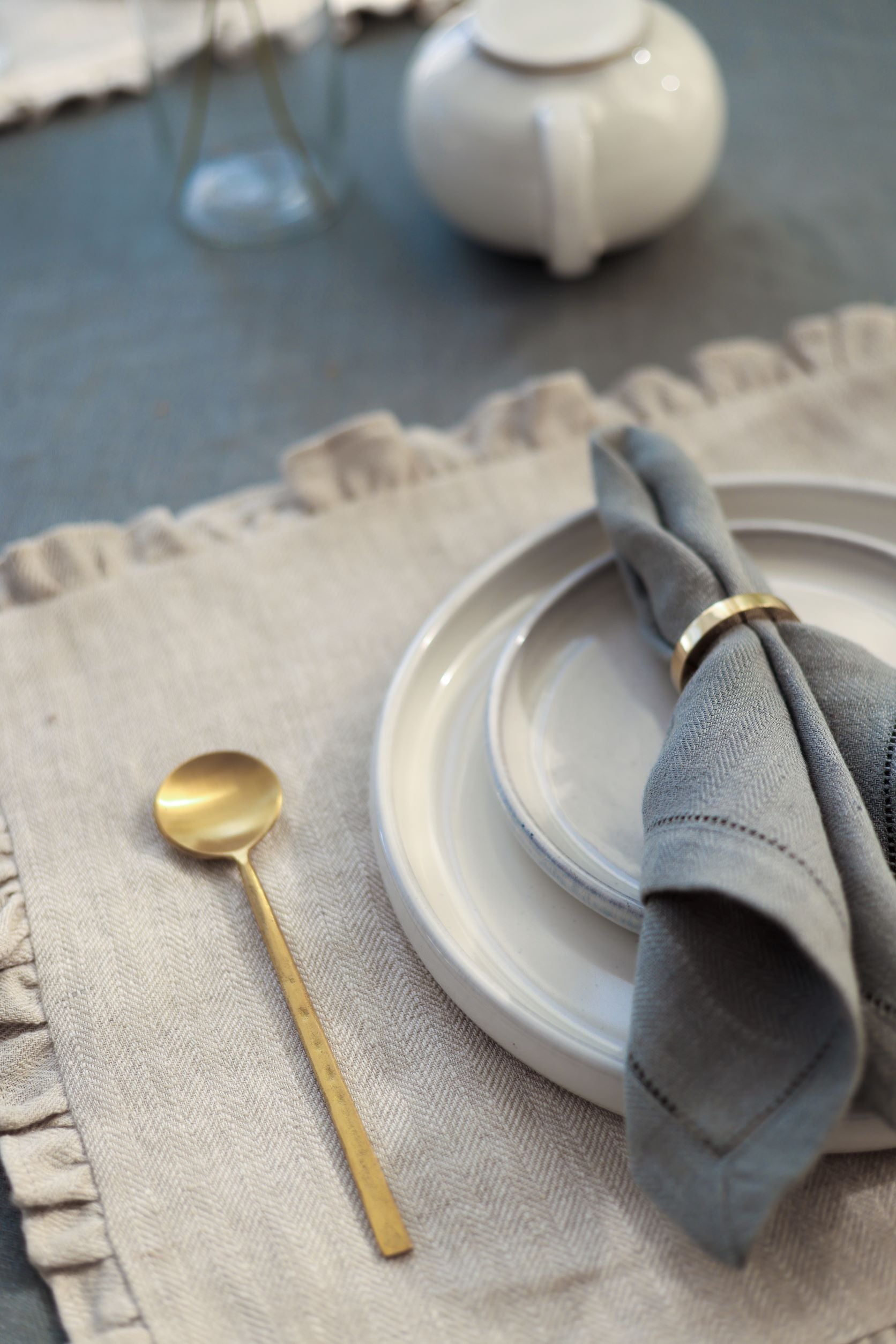 Herringbone Ruffle Oatmeal Table Mats-Set of 2