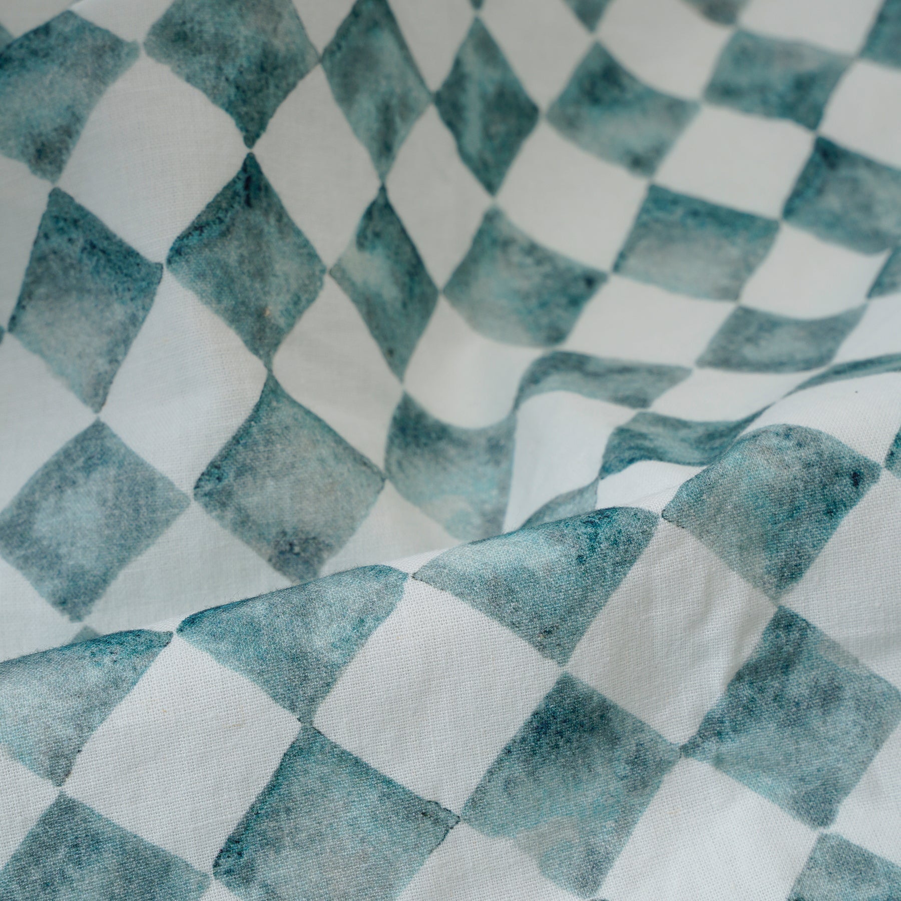 Checker Blue Printed Linen Fabric
