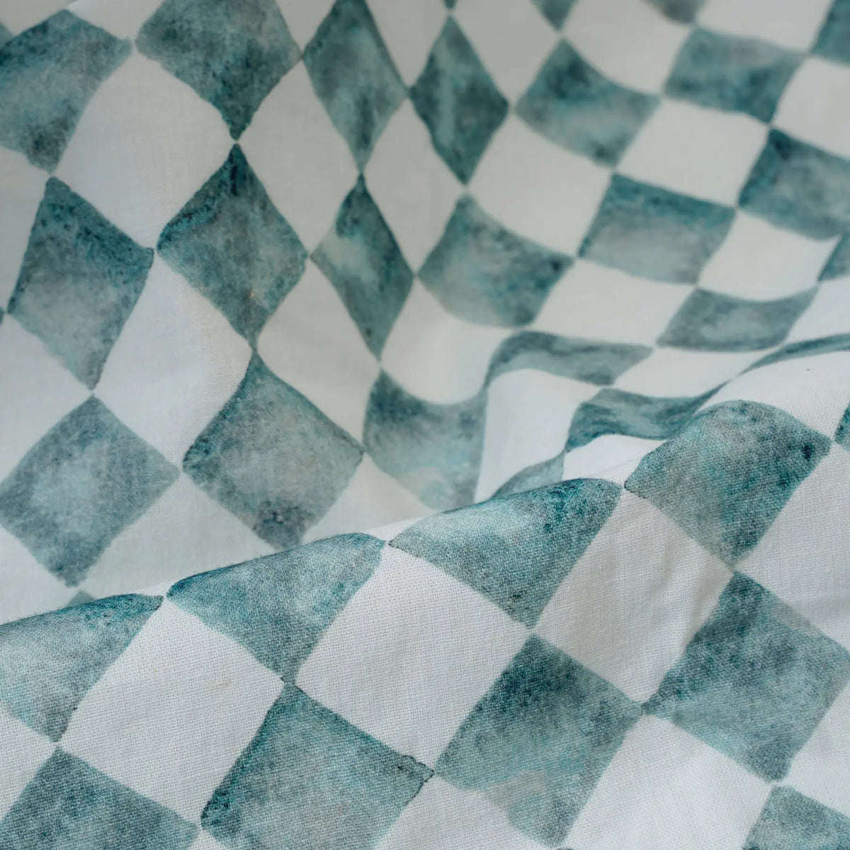 Checker Blue Printed Linen Fabric SanctuaryLiving