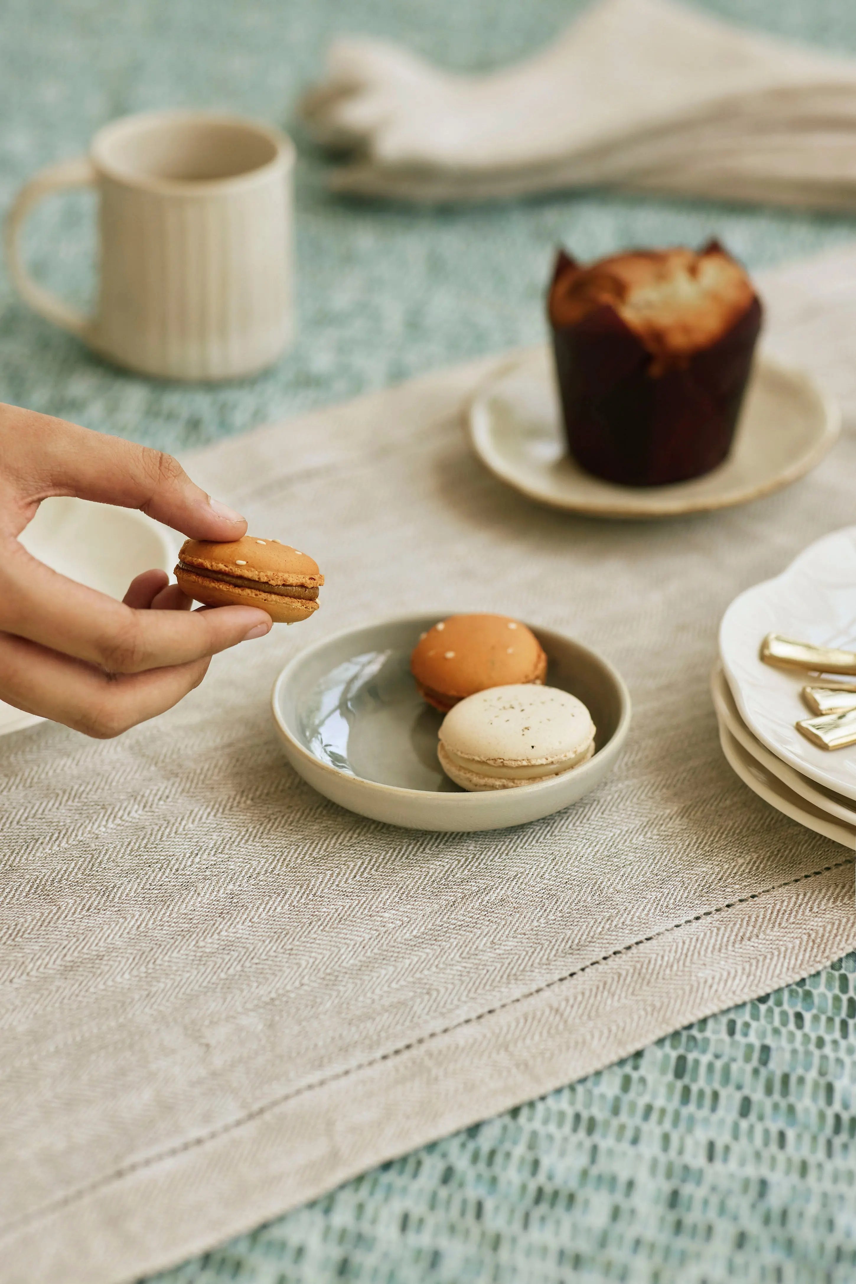 Oatmeal Herringbone Linen Table Runner SanctuaryLiving