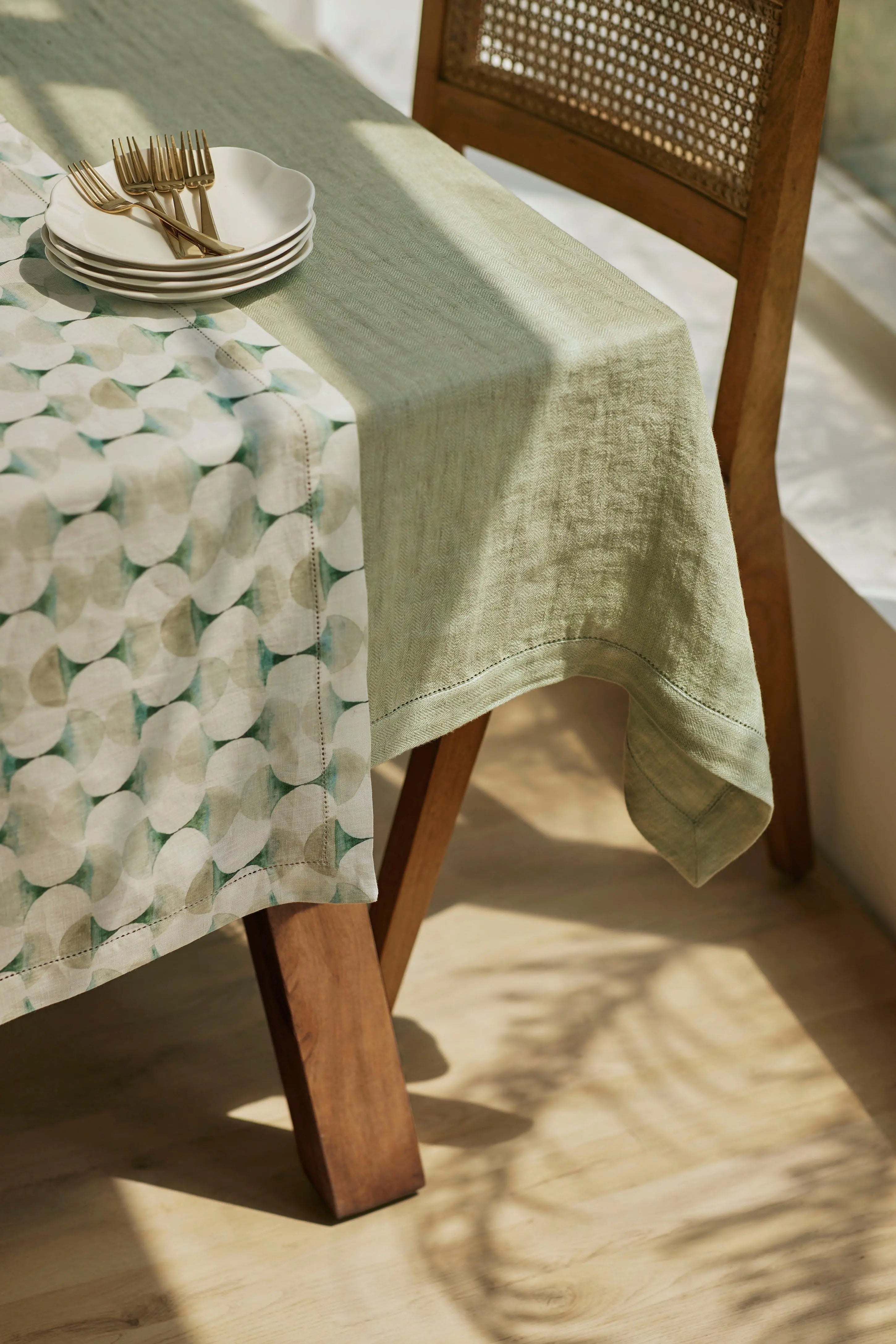 Sage Herringbone Linen Table Cover SanctuaryLiving