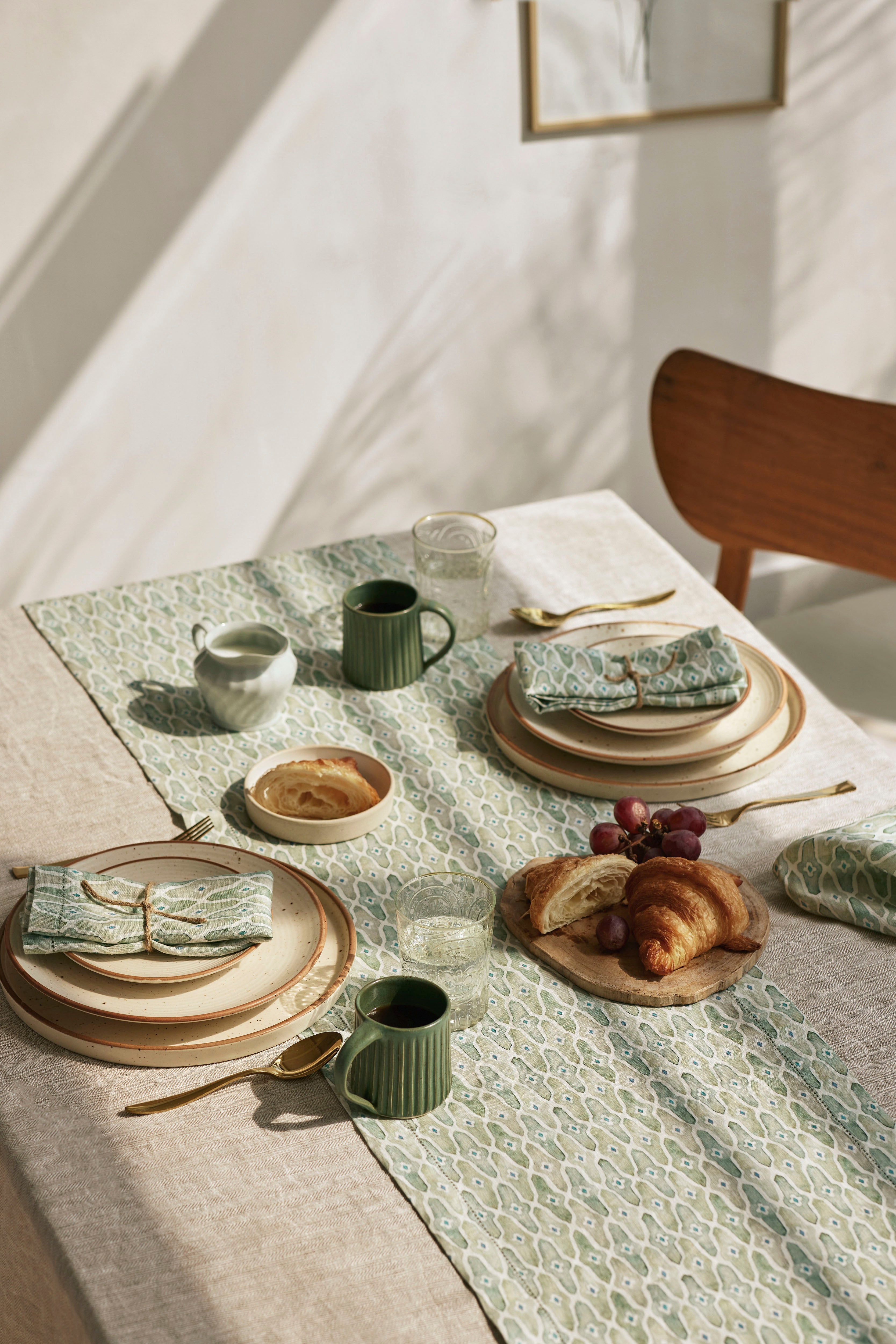Mosaic Sage Linen Table Runner
