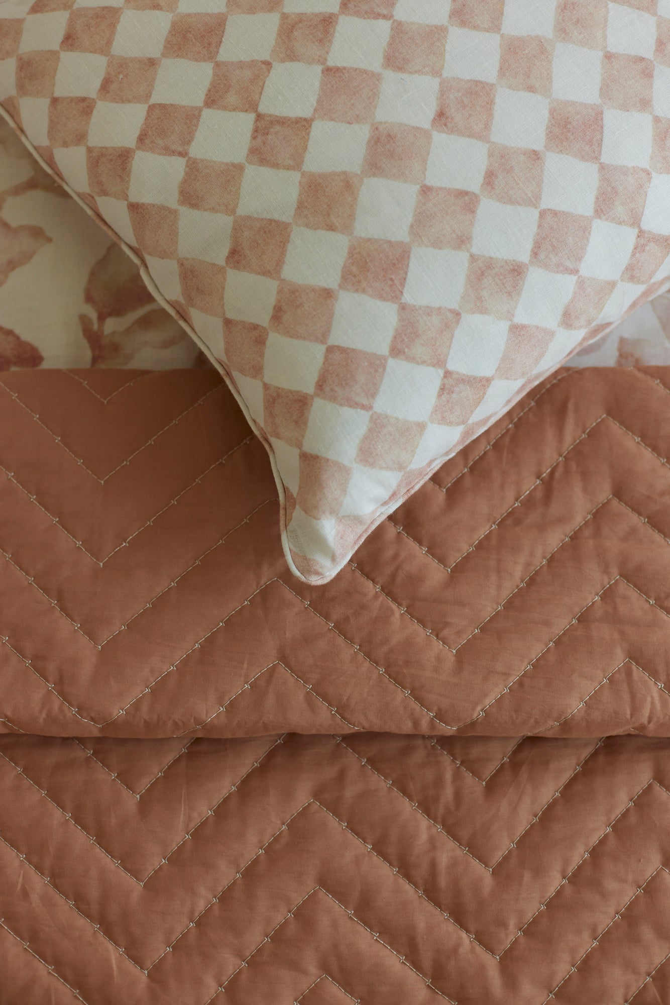 Checker Blush Linen Lumbar Cushion Cover