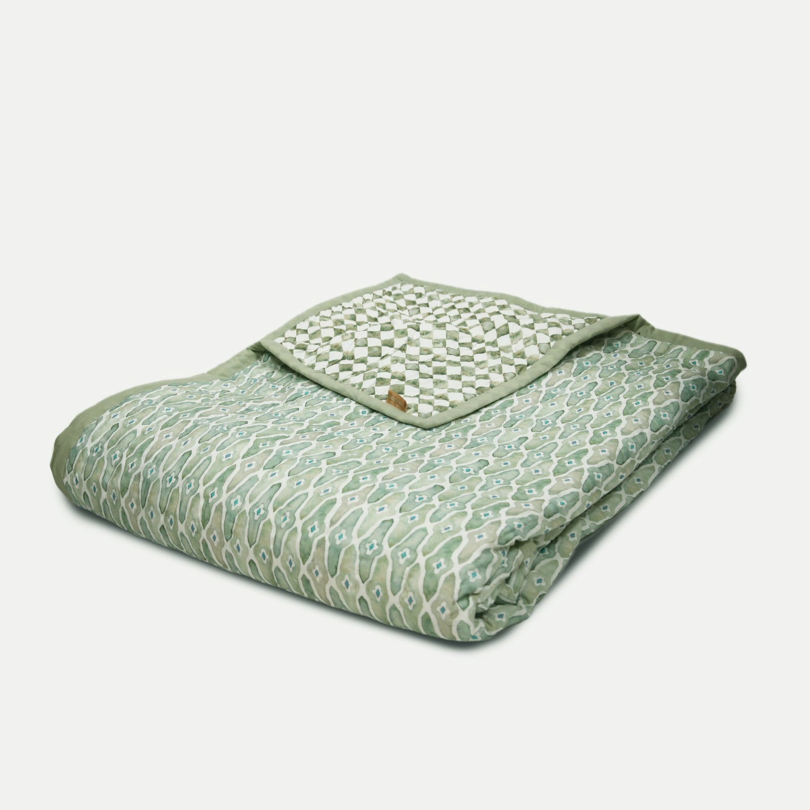 Checker Mosaic Sage Kantha Cotton Quilt