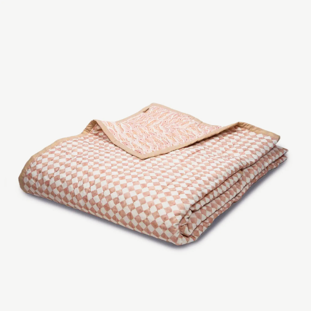 Checker Mosaic Blush Kantha Cotton Quilt