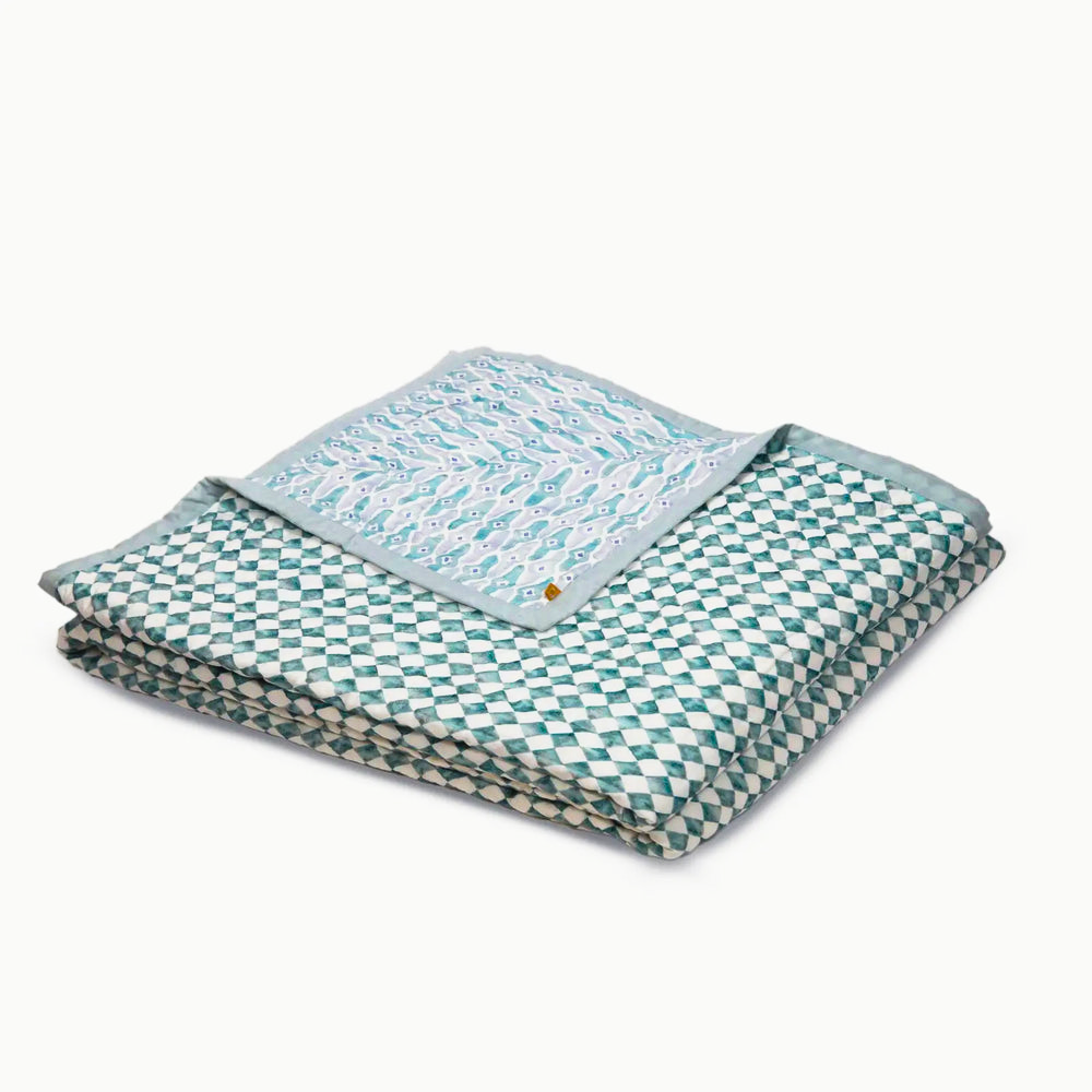 Checker Mosaic Blue Kantha Cotton Quilt