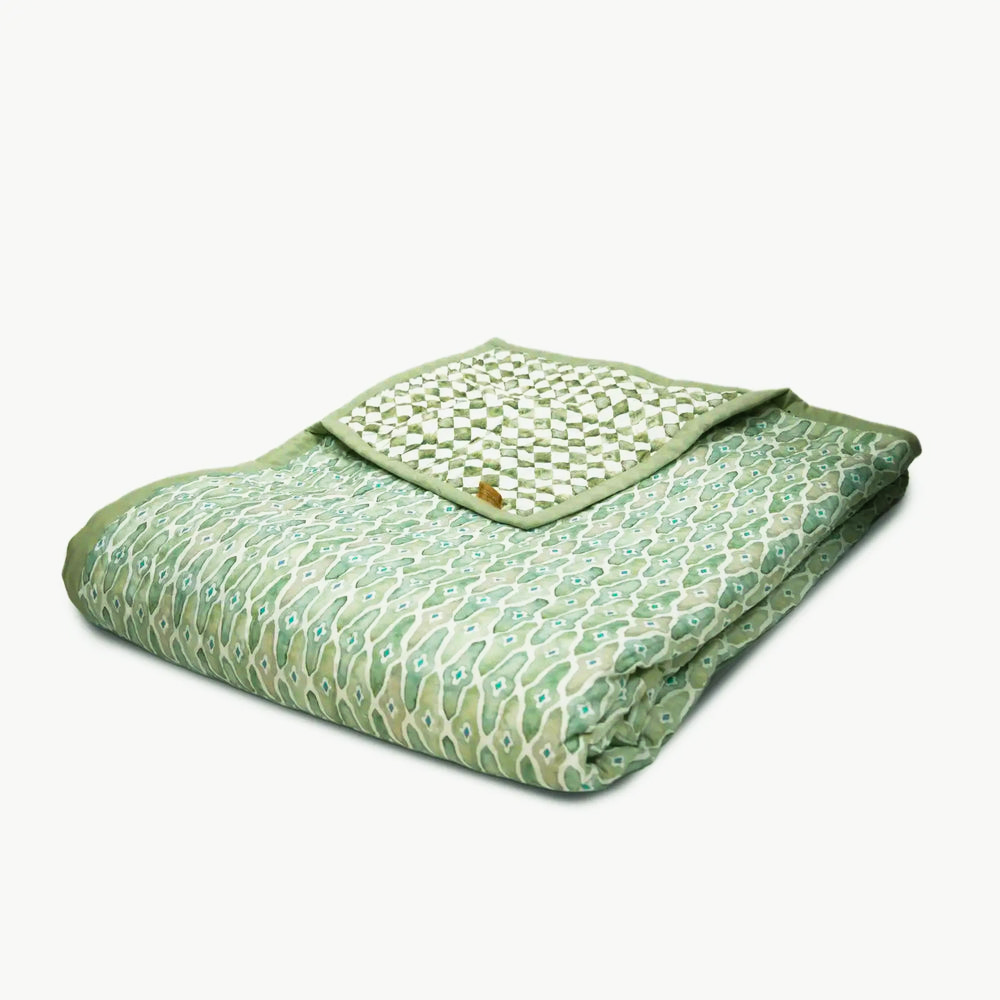 Checker Mosaic Sage Kantha Cotton Quilt