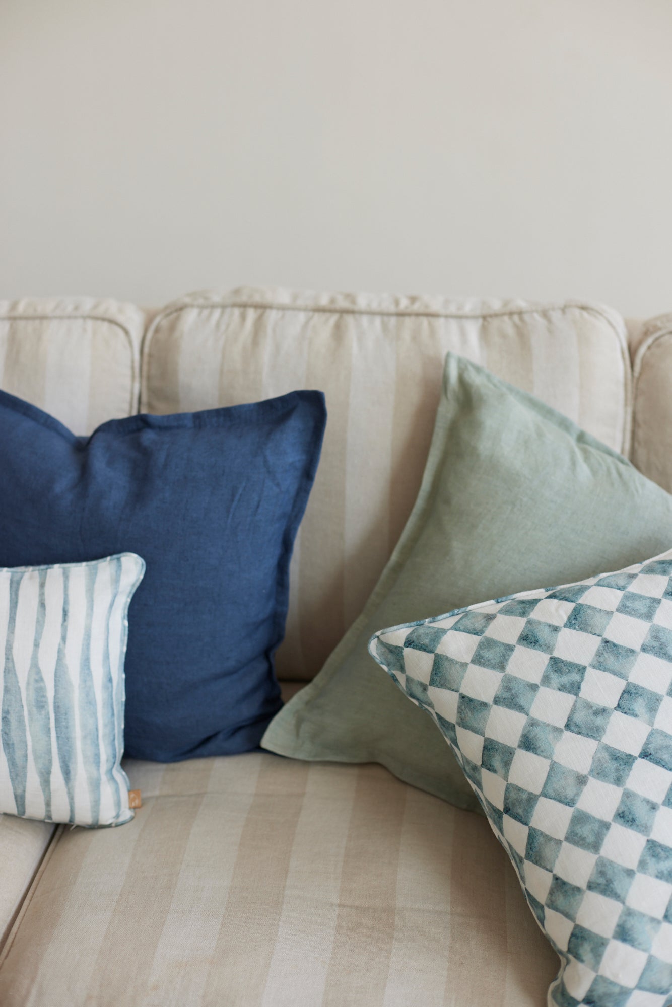 Checker Blue Linen Oblong Cushion Cover