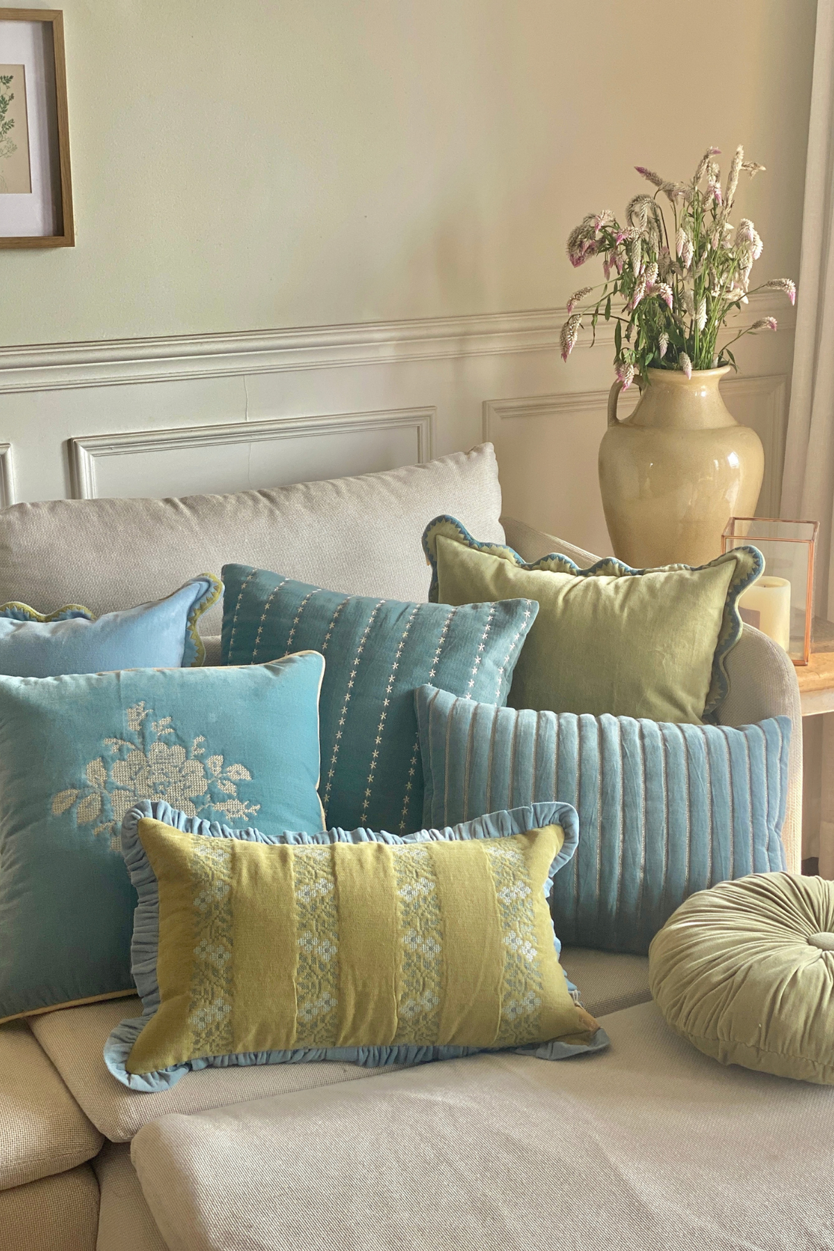 Eden Striped Duck Egg Velvet Oblong Cushion Cover