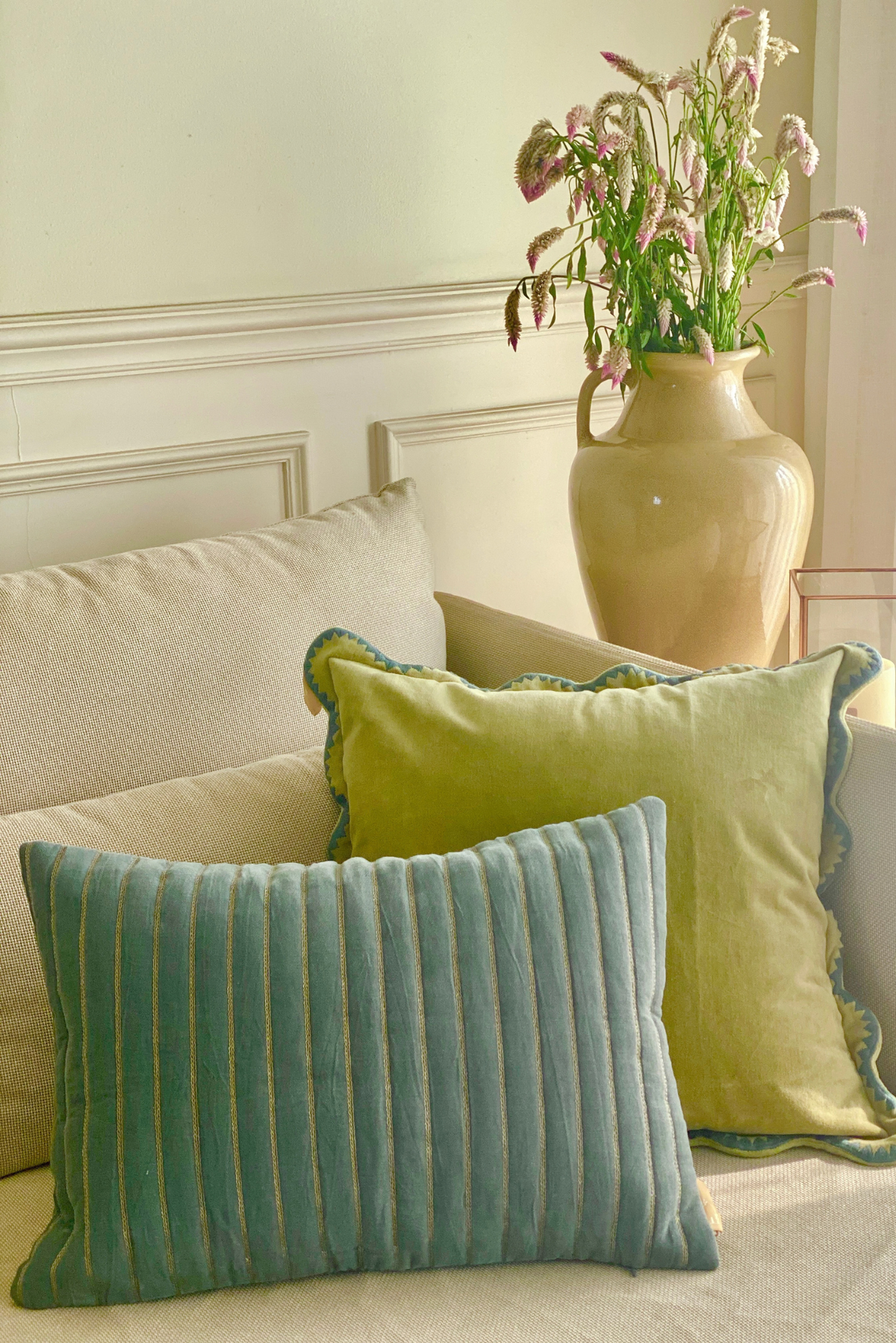Eden Striped Duck Egg Velvet Oblong Cushion Cover