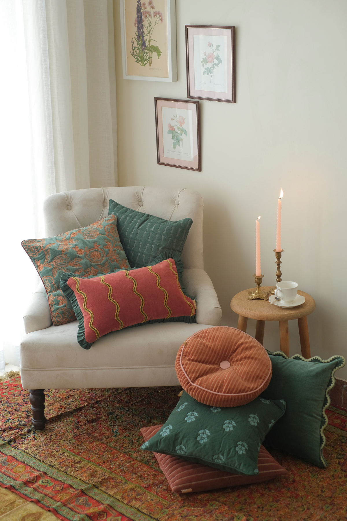 Eden Striped Rhubarb Velvet Cushion Cover
