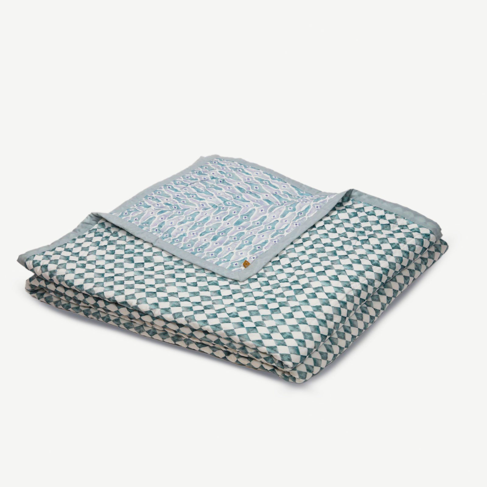 Checker Mosaic Blue Kantha Cotton Quilt