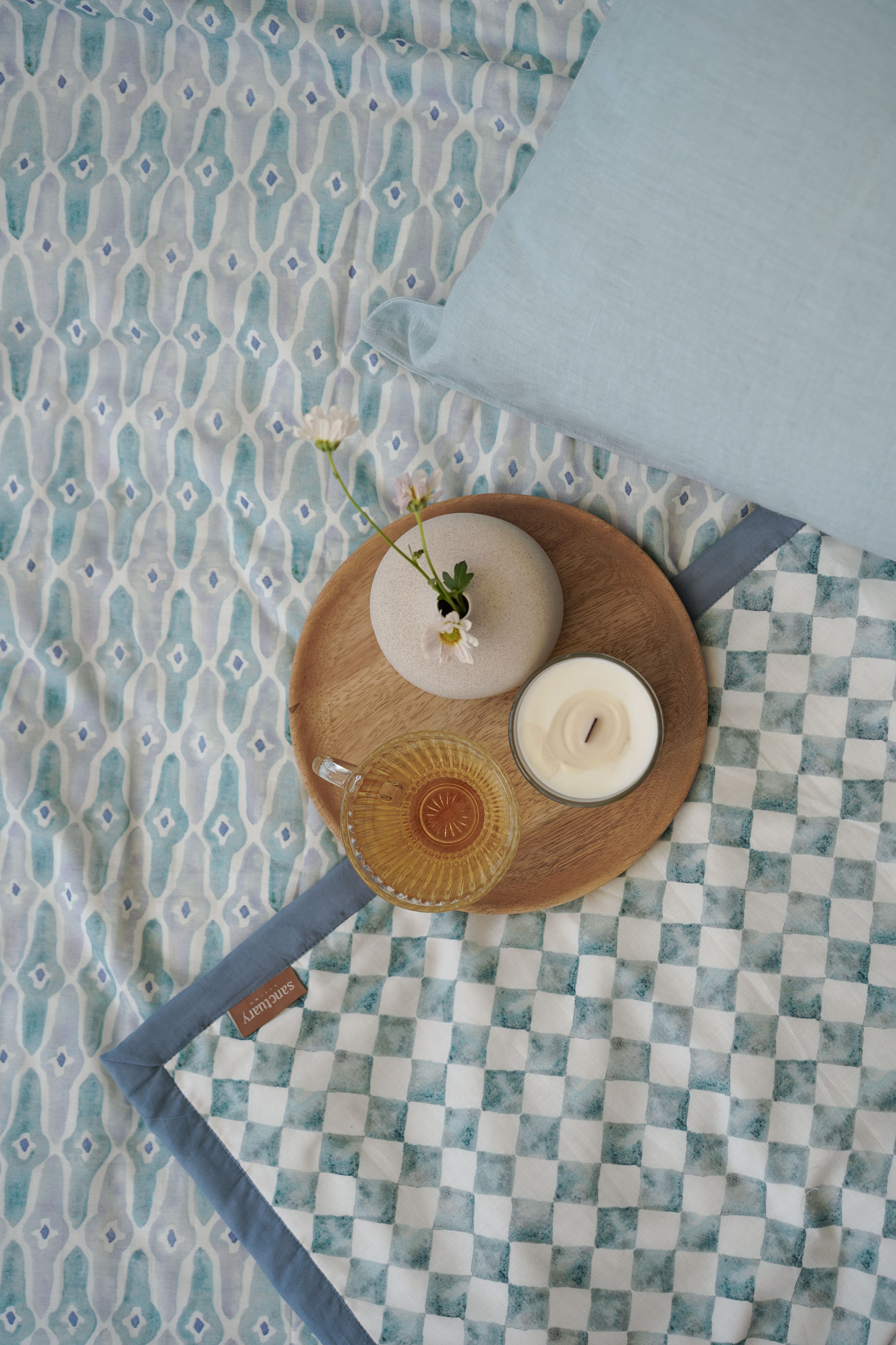 Mosaic Blue Linen Cotton Bedspread