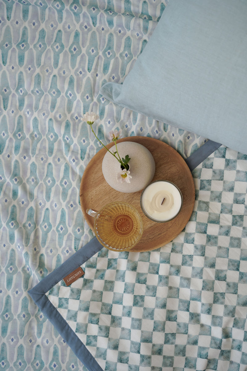 Mosaic Blue Linen Bedspread