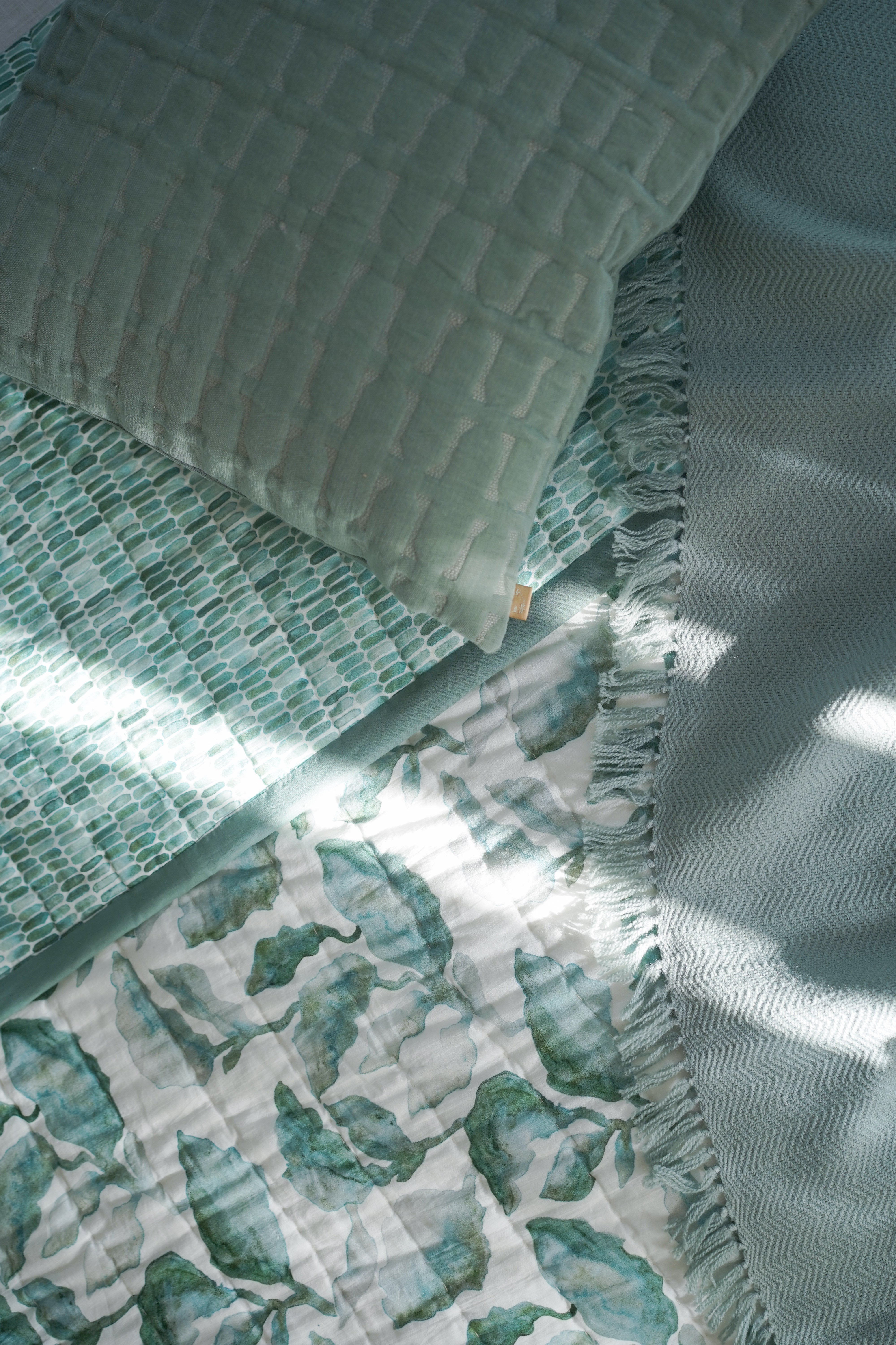 Twig Teal Embroidered Velvet Cushion Cover
