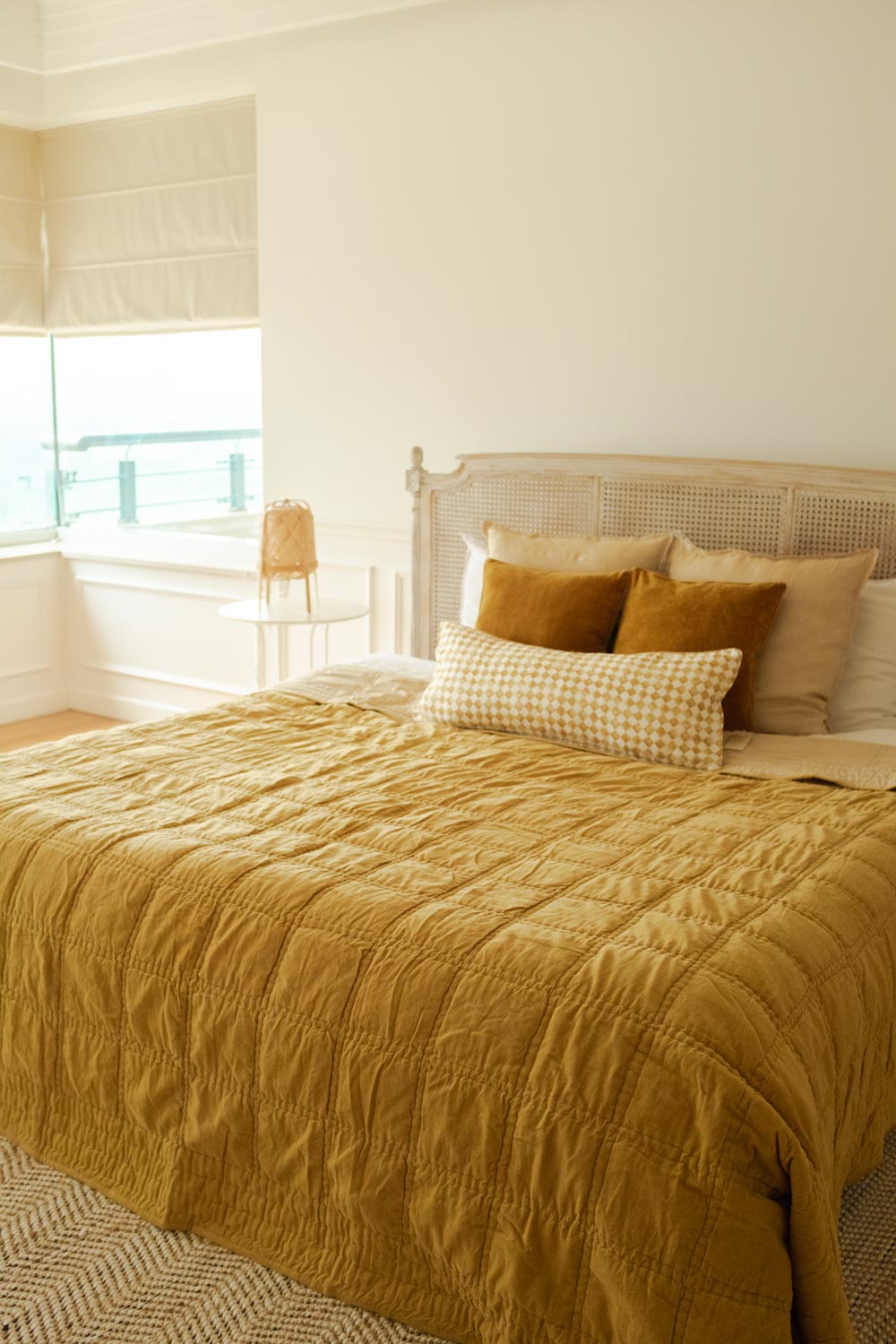 Checker Embroidered Ochre Kantha Cotton Quilt