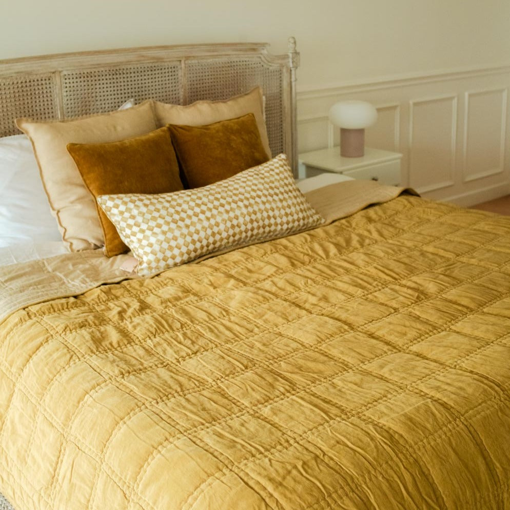 Checker Embroidered Ochre Kantha Cotton Quilt