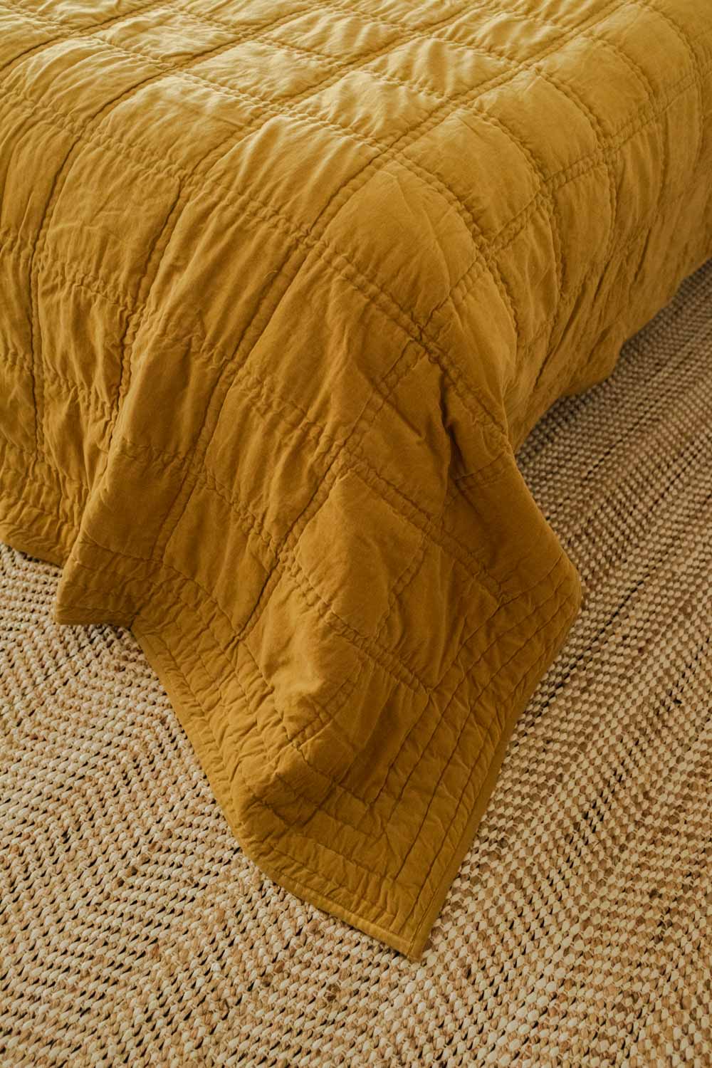 Checker Embroidered Ochre Kantha Cotton Quilt