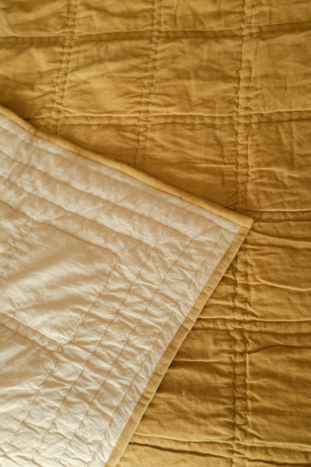 Checker Embroidered Ochre Kantha Cotton Quilt