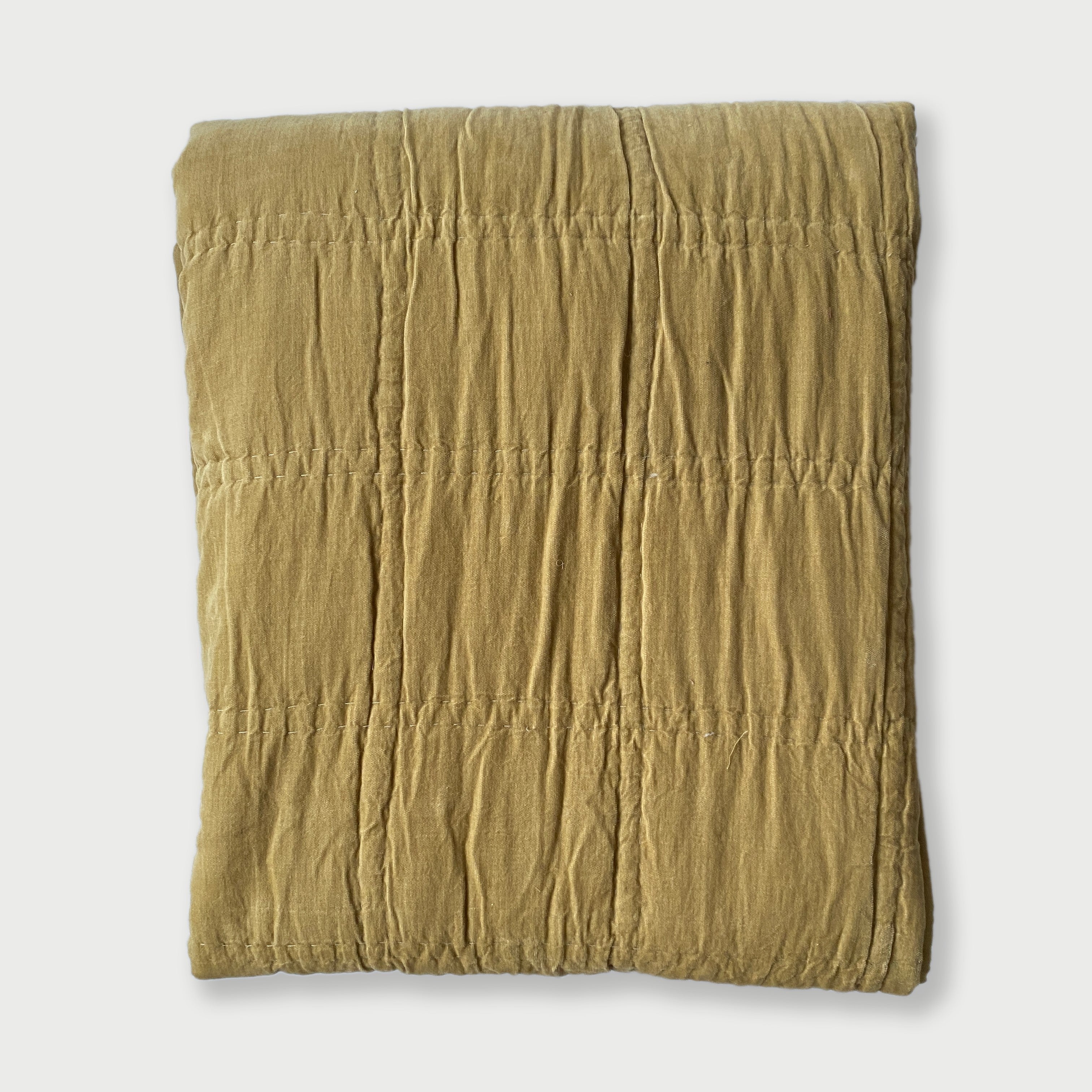 Checker Embroidered Ochre Kantha Cotton Quilt