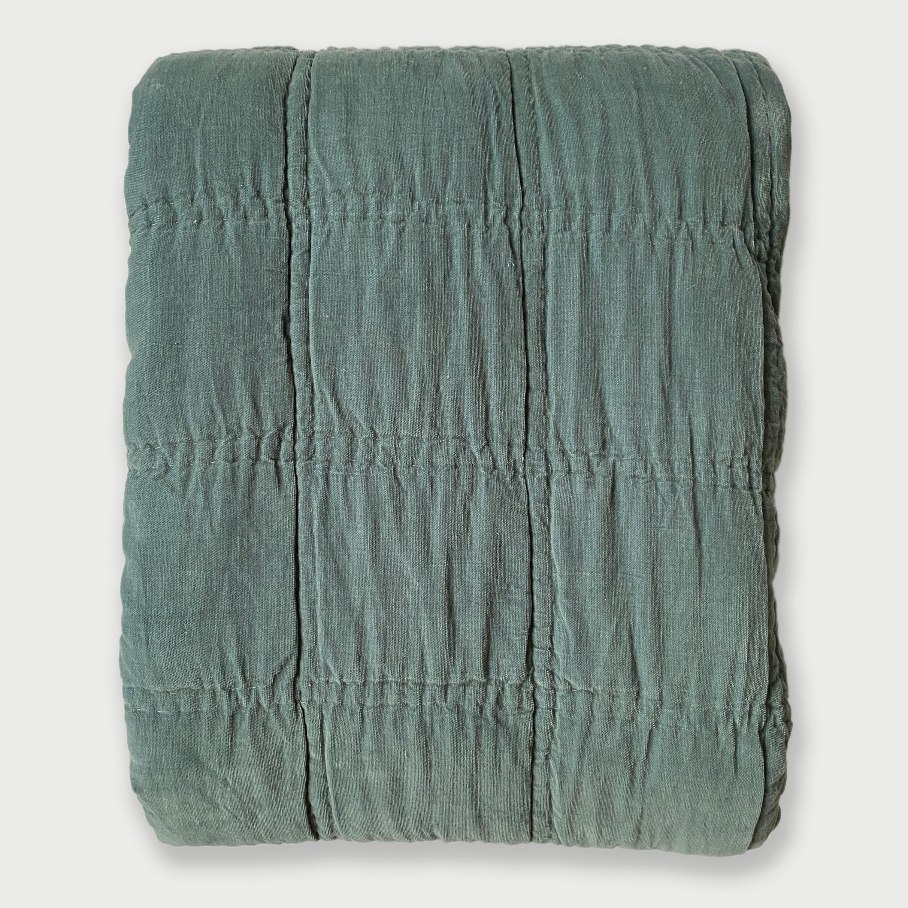 Checker Embroidered Teal Kantha Cotton Quilt