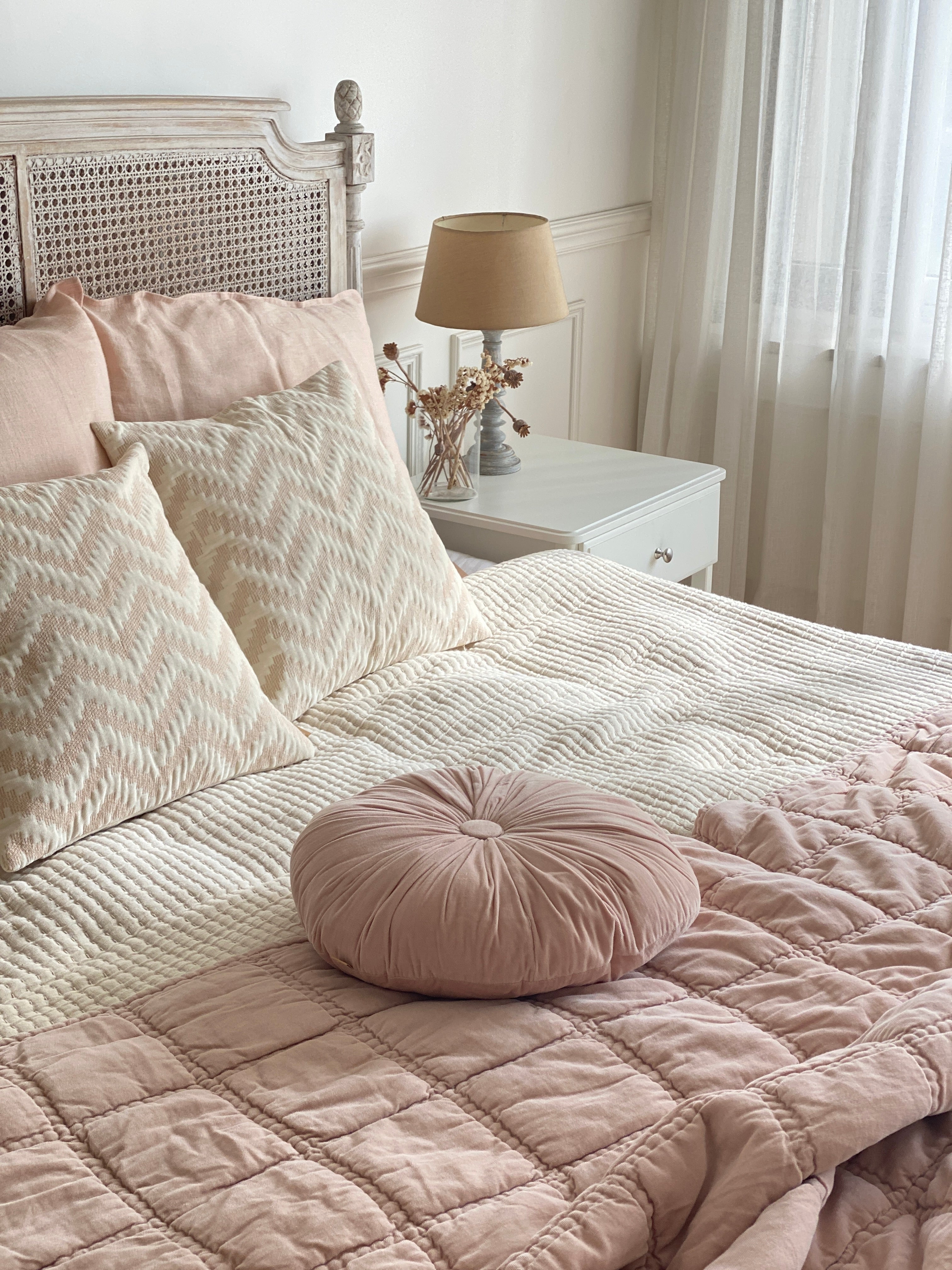 Checker Embroidered Baby Pink Kantha Cotton Quilt