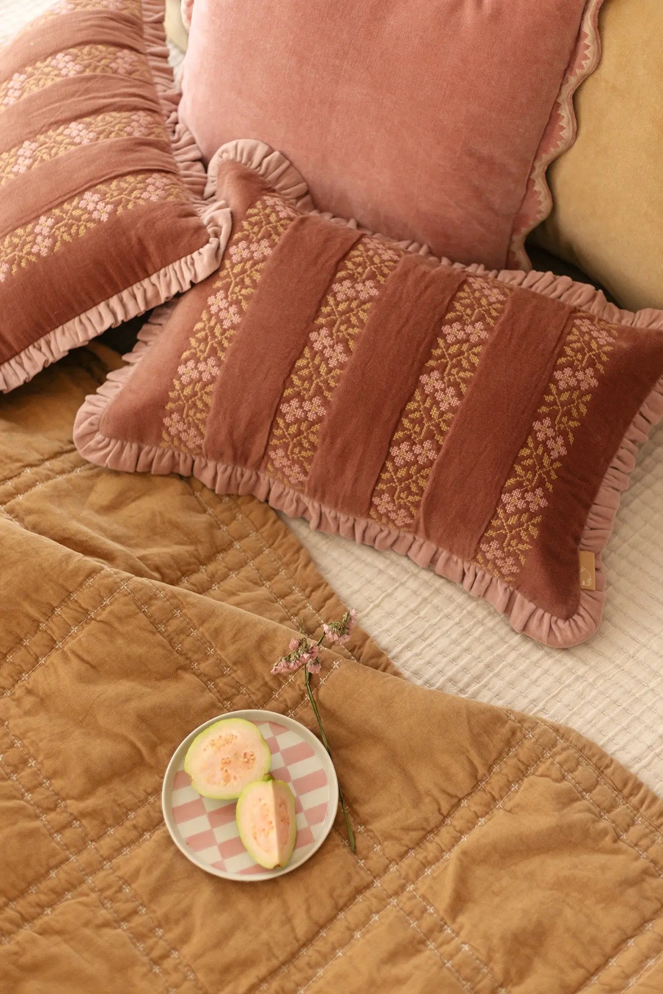 Checker Sand Velvet Embroidered Quilt SanctuaryLiving