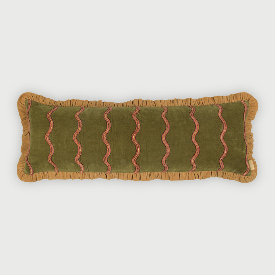Aria Ruffle Forest Green Embroidered Lumbar Cushion Cover