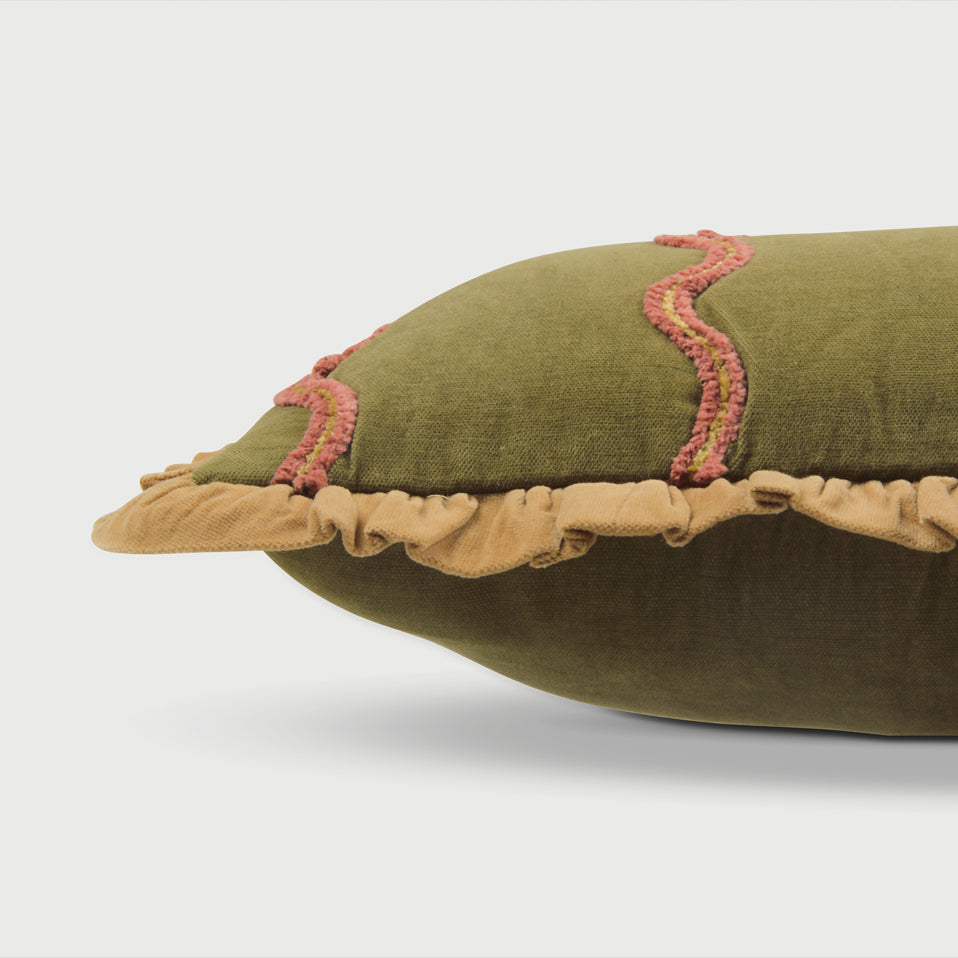 Aria Ruffle Forest Green Embroidered Lumbar Cushion Cover