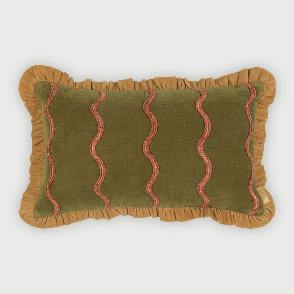 Aria Ruffle Forest Green Embroidered Oblong Cushion Cover