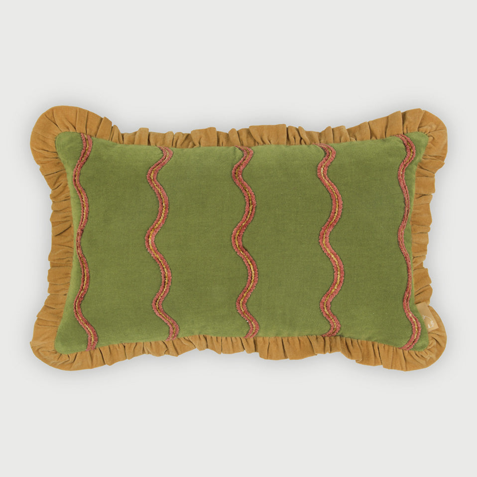 Aria Ruffle Forest Green Embroidered Oblong Cushion Cover