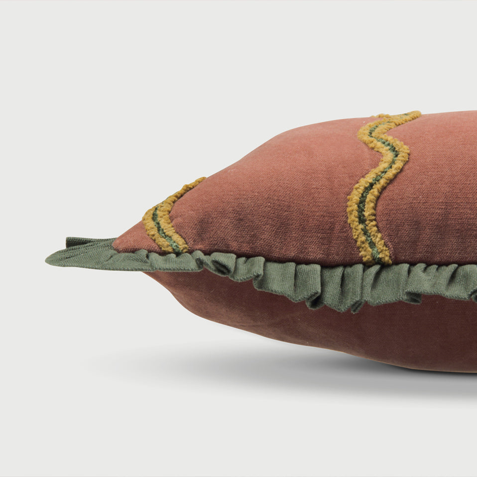 Aria Ruffle Carmine Embroidered Lumbar Cushion Cover