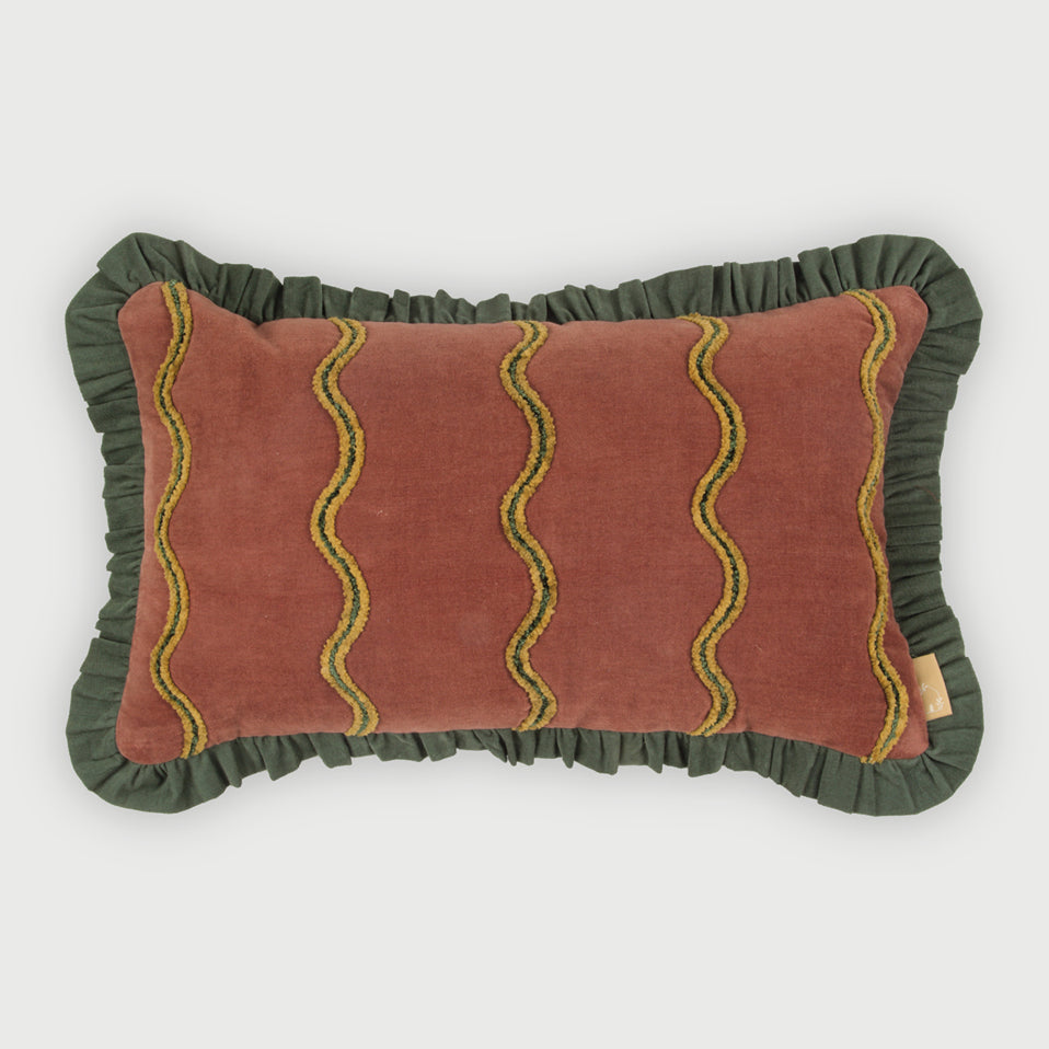 Aria Ruffle Carmine Embroidered Oblong Cushion Cover