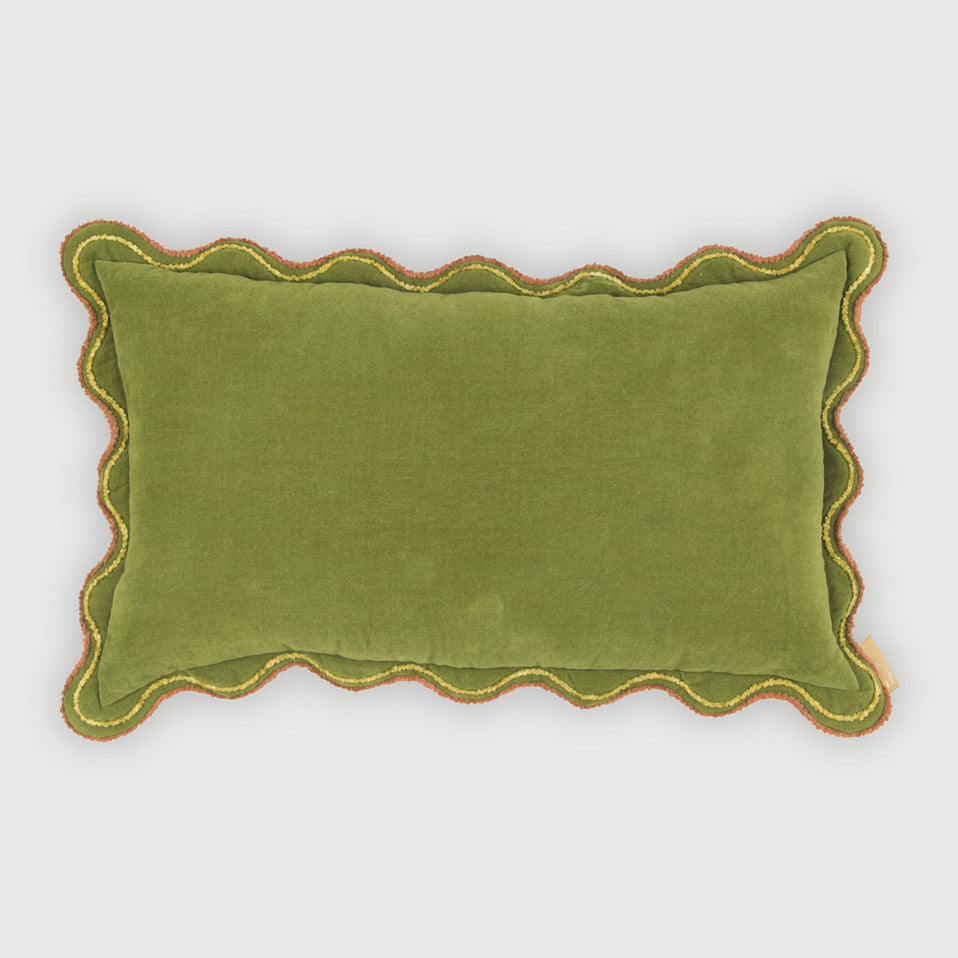 Aurora Scallop Forest Green Embroidered Oblong Cushion Cover
