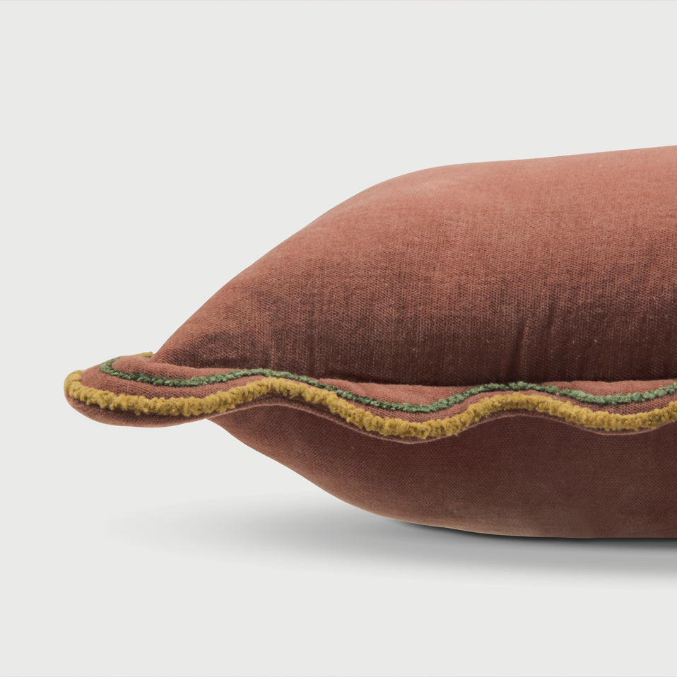 Aurora Scallop Carmine Embroidered Oblong Cushion Cover