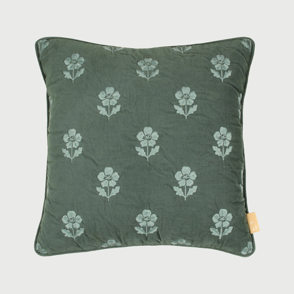 Lucia Eucalyptus Embroidered Velvet Cushion Cover