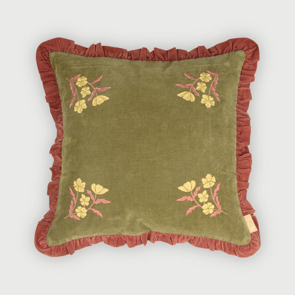 Sienna Forest Green Embroidered Velvet Cushion Cover